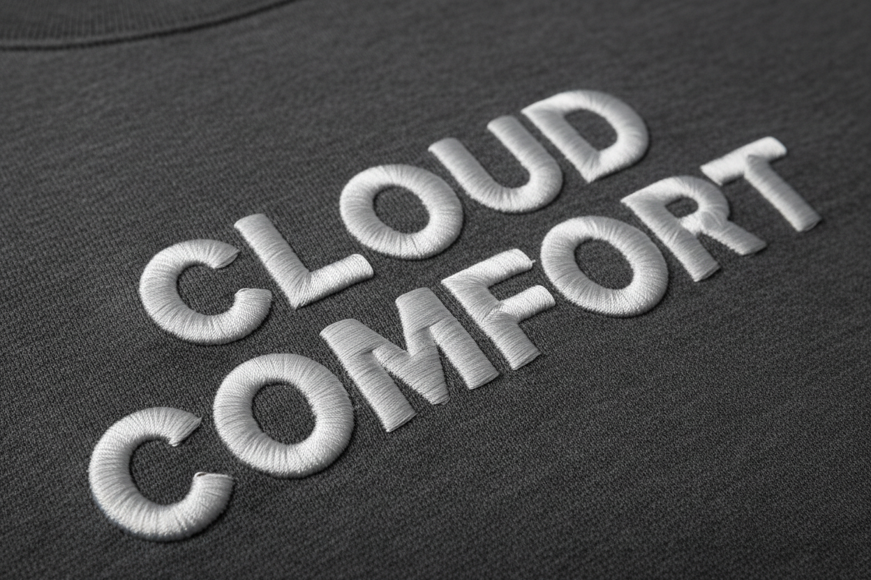 3D puffed text design with satin stitch embroidery on a sweatshirt