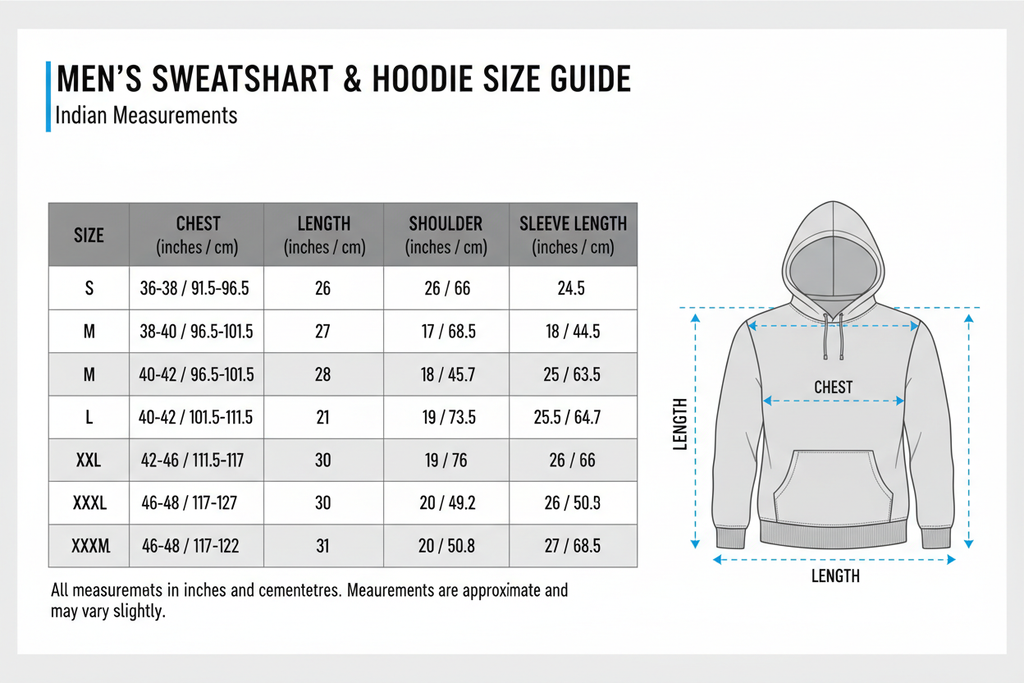 Sweatshirt and hoodie size chat for Indian men