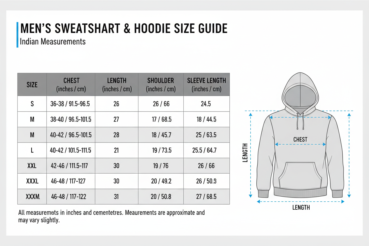 Sweatshirt and hoodie size chat for Indian men
